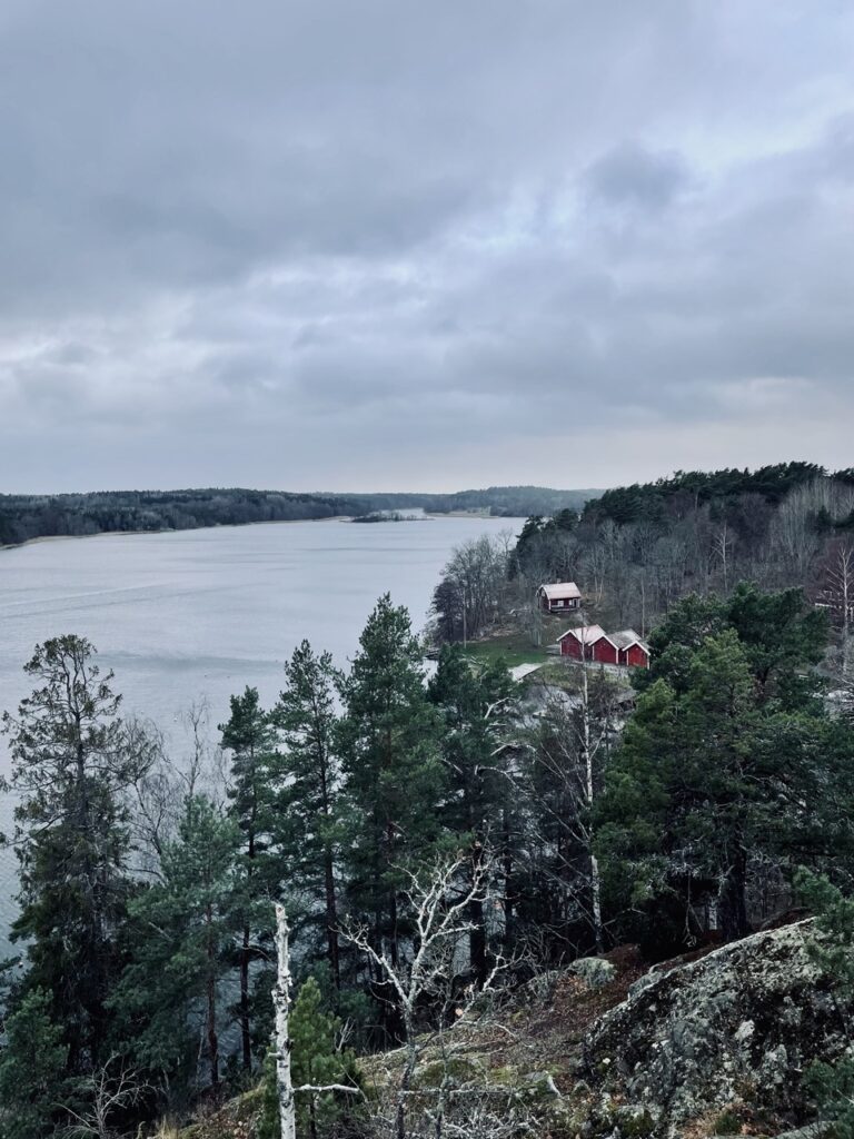 Cette photo capture une vue panoramique spectaculaire de l'île de Vaxholm en Suède, prise lors d'une randonnée sur les hauteurs de l'île. Les forêts verdoyantes et luxuriantes de l'île s'étendent à perte de vue, tandis que l'archipel scintillant se dessine à l'horizon. Cette vue surélevée offre un aperçu incroyable de la beauté naturelle de l'île, avec ses paysages sauvages et préservés.