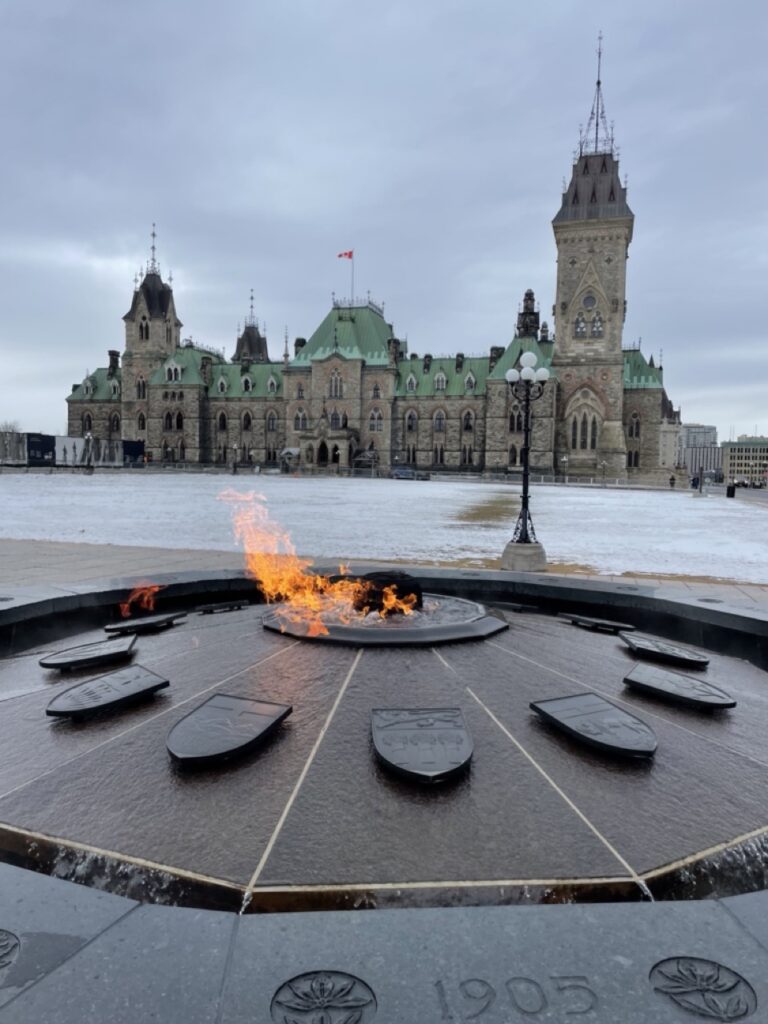 Vue panoramique depuis la Colline du Parlement à Ottawa, mettant en avant la flamme et le majestueux bâtiment du Parlement.