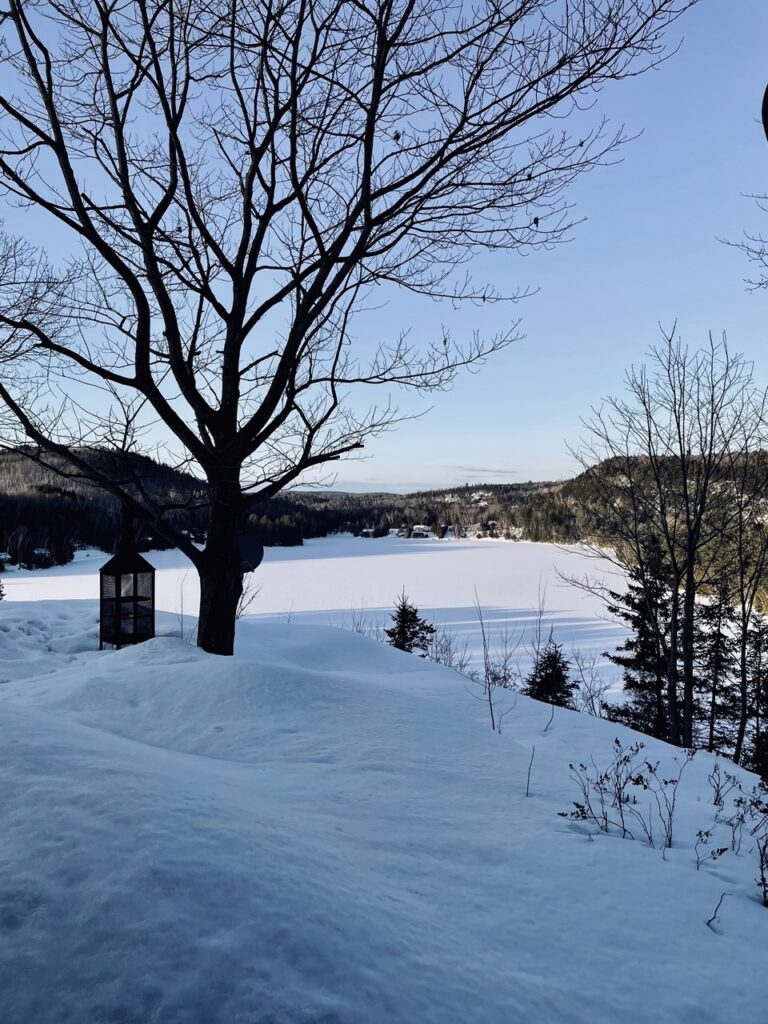 Vue pittoresque depuis notre chalet Airbnb à Saint-Mathieu-du-Parc, dans le Parc national de la Mauricie, où tout est recouvert de neige, avec le lac gelé en contrebas.